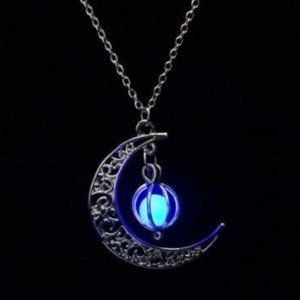 Crescent Moon with Luminous Caged Blue Glowing Orb Pendant Silver Chain